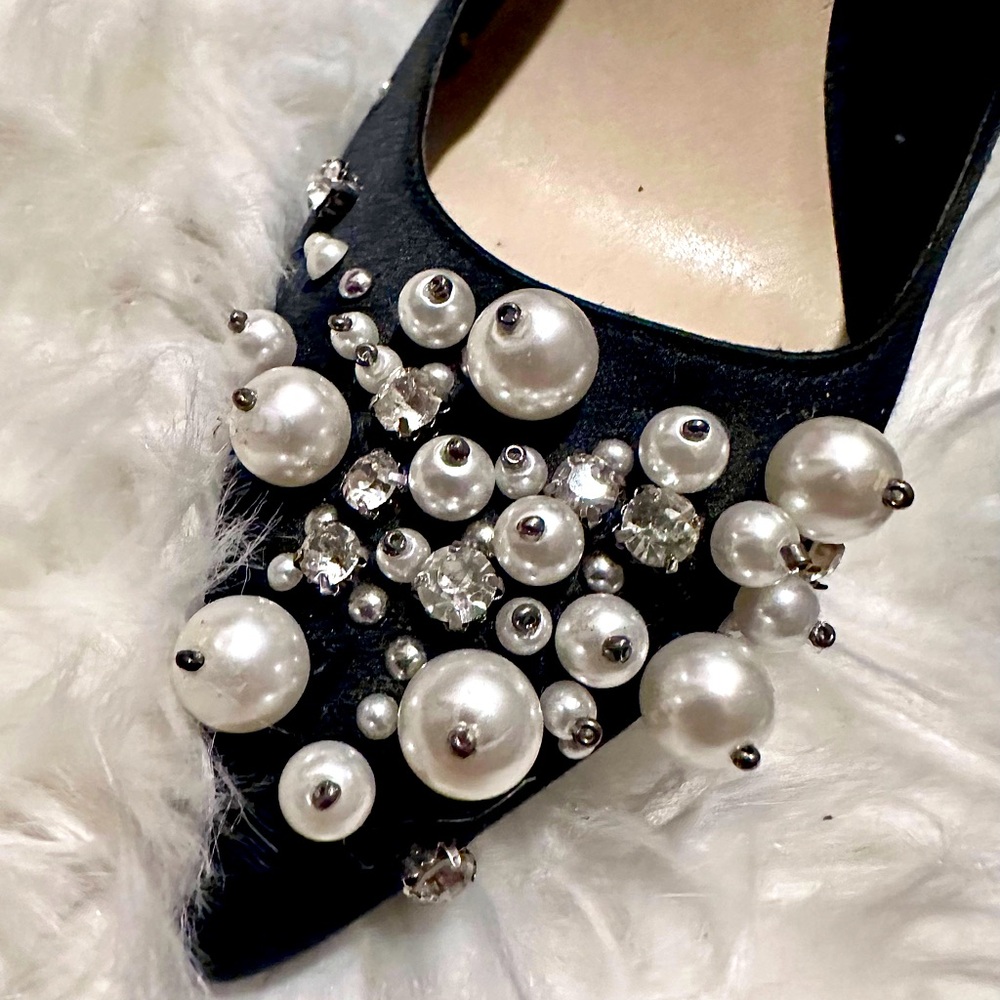Nine West Black Satin Pearl and Rhinestone-Embellished Heels